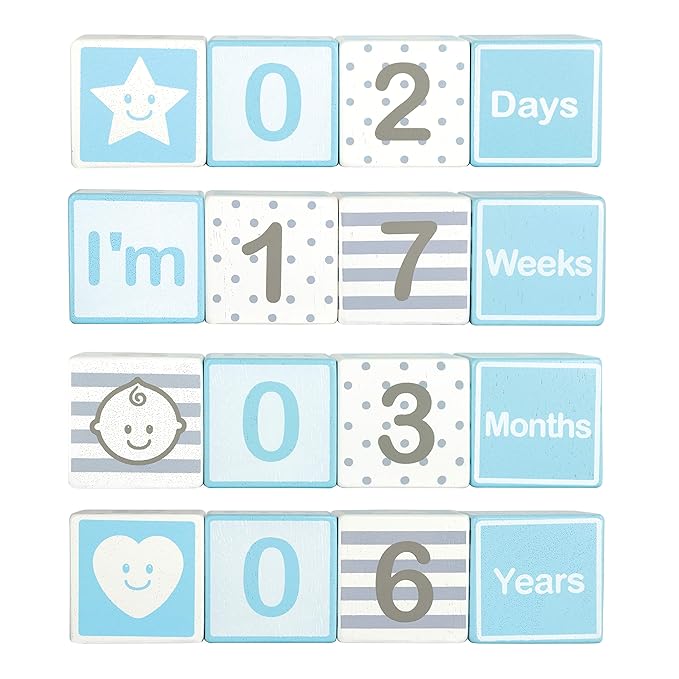 I'm Solid Wood Monthly Weekly Yearly Milestone Age Blocks, Newborn Gifts & Keepsakes for Picture Props (4 Pcs/Blue)