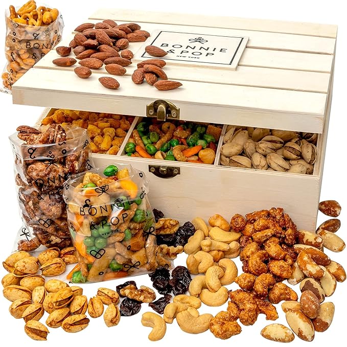 BONNIE AND POP - Nut Gift Basket | Healthy Gift of Assorted Nuts in Reusable Wood Crate | Large Variety Tray with Unique Flavors | Parties, Holidays, Birthday, Sympathy, Office, Thank You, Him, Her | Bonnie & Pop