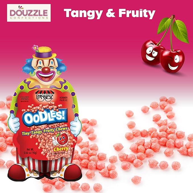 DOUzzle Back To School Oodles Clown Shaped, Cherry Tiny Tangy Chews (12 Count, 1 Pack) Individually Wrapped, Party Favor, Goodie Bag & Pinata Filler - Kosher Parve
