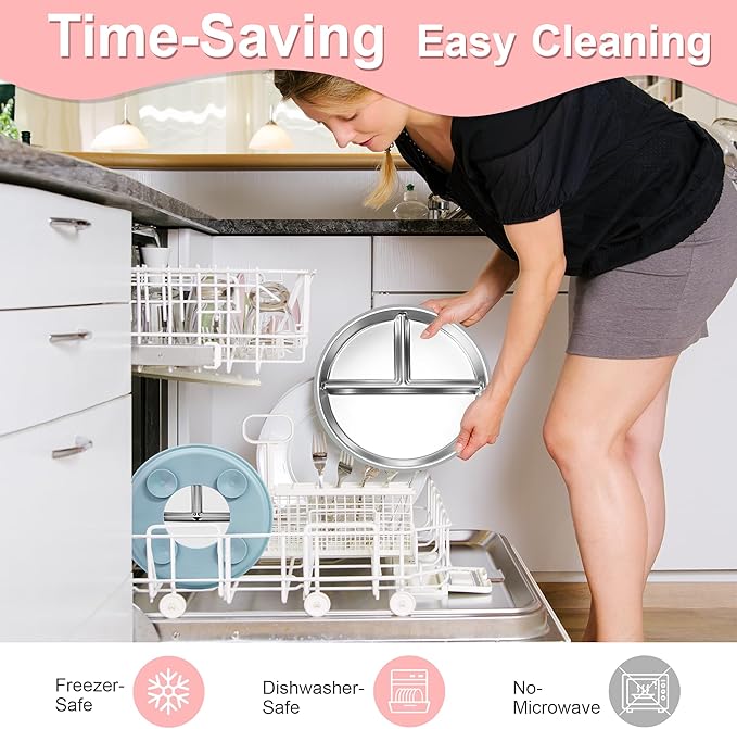 Bella’s Friends Stainless Steel Baby Plates with Suction 3 Pack, 9” Divided Toddler Plates with Removable Silicone Sleeves for Mess-Free Feeding, Non-Toxic, Non-Slip, Dishwasher Safe, Gray,White,Green