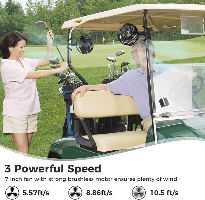 10000mAh Rechargeable Golf Cart Fan, 50H Run, Compatible with EZGO Club Car Yamaha, 7 inch Clip On Fan with Sturdy Tripod, 360° Pivot, 3 Speed & Timer, Cooling for Golf Cart Golf Palyer Essential