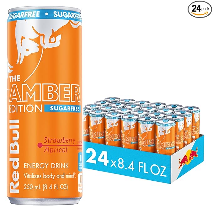 Red Bull Amber Edition Sugar Free Energy Drink, Strawberry Apricot, with 80mg Caffeine plus Taurine & B Vitamins, 8.4 Fl Oz, Pack of 24 Cans