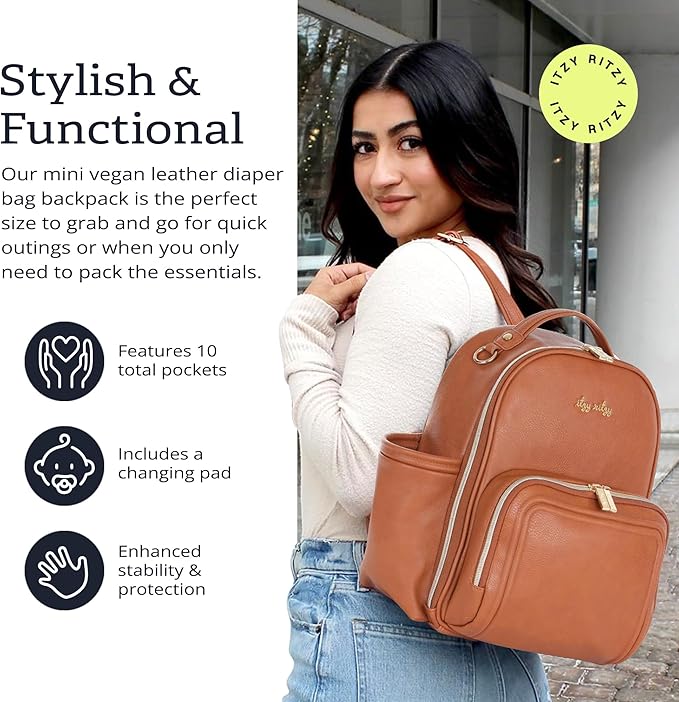 Itzy Ritzy Unisex Baby Mini Plus Diaper Bag, Cognac