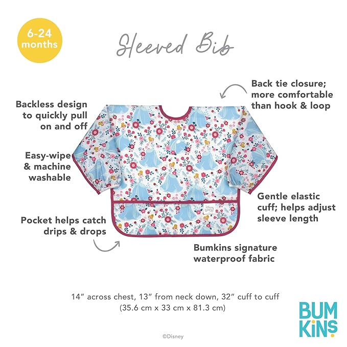 Bumkins Disney Bibs, Baby and Toddler Girls and Boys 6-24 Months, Long Sleeve, Essential Must Have for Eating, Feeding, Mess Saving Lightweight Waterproof Fabric Sleeved Smock, Cinderella
