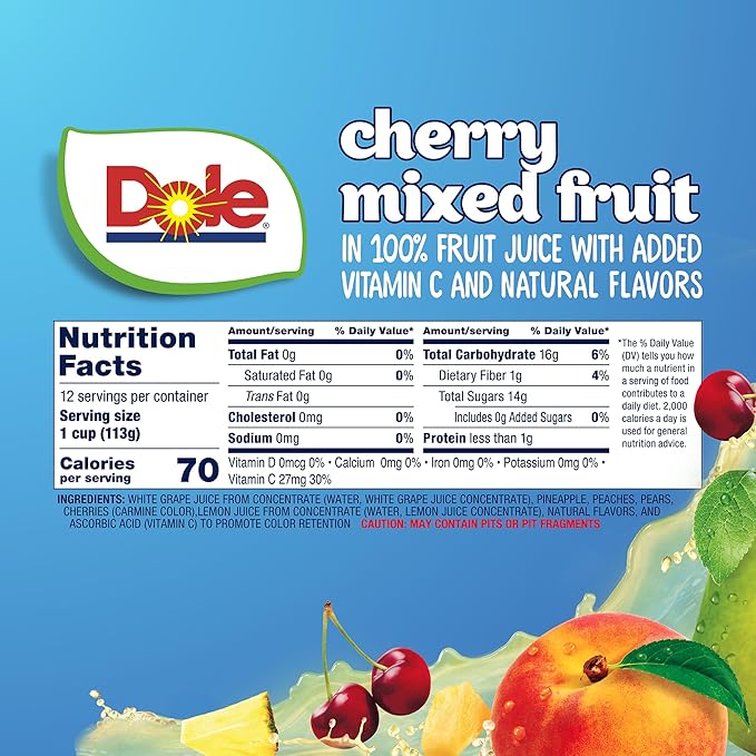 Dole Cherry Mixed Fruit Fruit Bowls Snack in 100% Fruit Juice 12 - 4 oz Cups