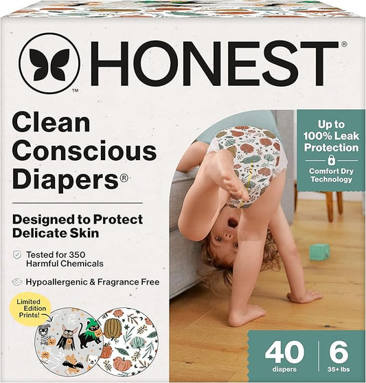 The Honest Company Clean Conscious Diapers for Delicate Skin | Up to 100% Leakproof | Hypoallergenic, Fragrance Free | Fall '25 Limited Edition Prints | Club Box, Size 6 (35+ lbs), 40 Count