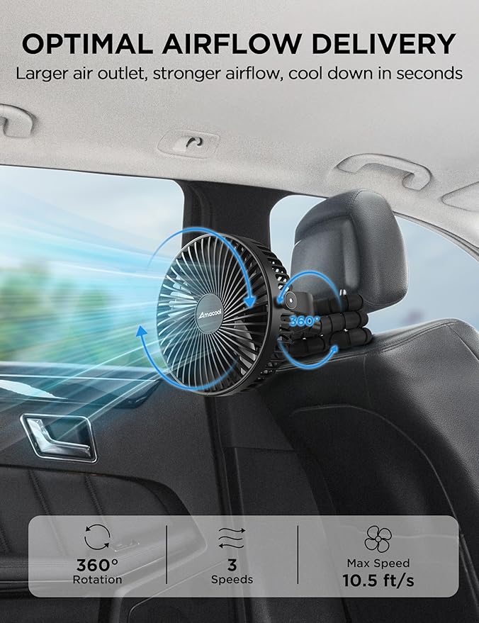 AMACOOL Baby Stroller Fan, 10000mAh Rechargeable, 50H Ultra-long Runtime, 3-Speed Portable Clip on Fan with LED Light, Timer, 360°Rotate Battery Operated Fans for Travel Car Seat Crib