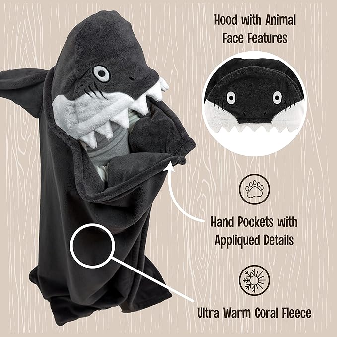 Lazy One Wearable Hooded Blanket for Kids, Animal Hooded Blanket (Shark)