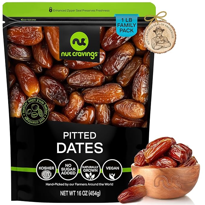 NUT CRAVINGS - Sun Dried Deglet Noor Dates Pitted, No Sugar Added (16oz, 1 LB) Bulk Dry Fruits Packed Fresh in Resealable Bag - Sweet Healthy Snack, Naturally Grown, Vegan, Kosher