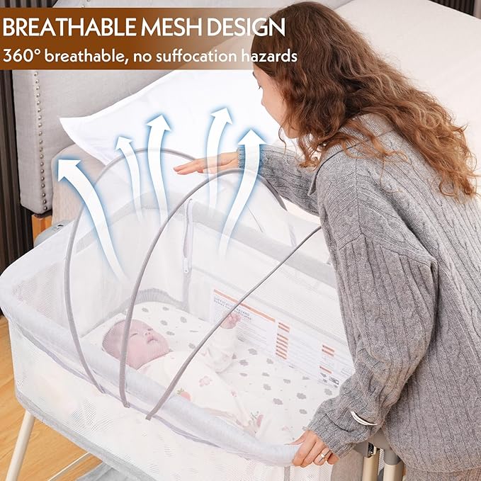 Baby Bassinet,Rocking Bassinet with Waterproof Sheet,3 in 1 Baby Bassinets Bedside Sleeper,6 Height Adjustable Bedside Bassinet for Newborn(Light Grey)