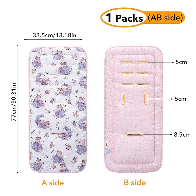 Baby Stroller Cushion,Infant Car Seat Insert-Reversible Universal Breathable and Soft Newborn Stroller Mat,100% Cotton Cover Toddler Seat Pad Liner-34x78cm,1 Pack(Fox+Pink Dots)