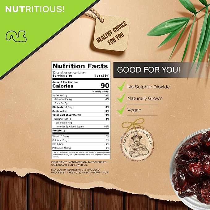NUT CRAVINGS - Sun Dried Sour Tart Cherries, Lightly Sweetened (32oz, 2 LB) Bulk Dry Fruits Packed Fresh in Resealable Bag - Sweet Healthy Snack, Naturally Grown, Vegan, Kosher