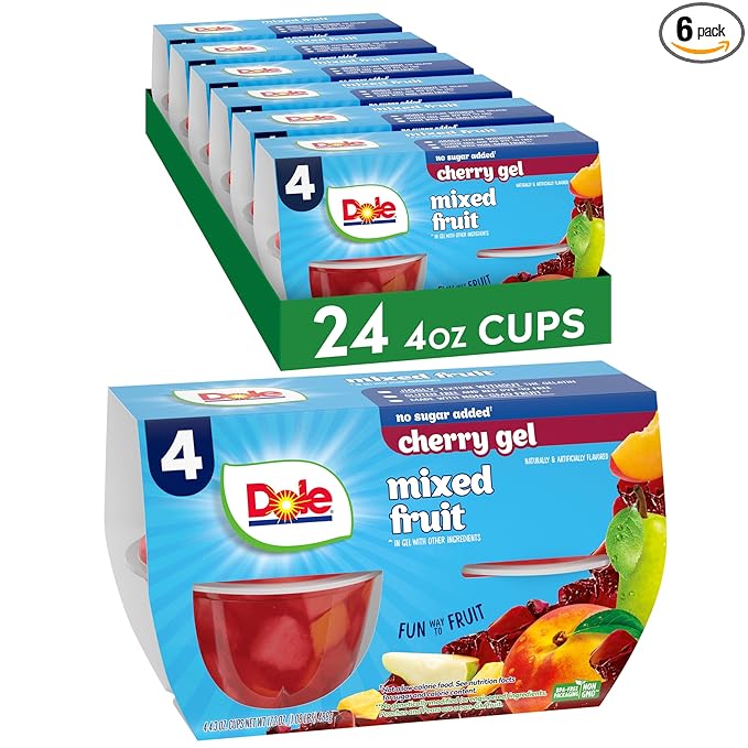 Dole Fruit Bowls Mixed Fruit in Cherry Flavored Gel Snacks, 4oz 24 Total Cups, Gluten & Dairy Free, Bulk Lunch Snacks for Kids & Adults