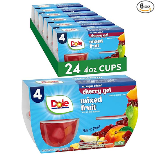 Dole Fruit Bowls Mixed Fruit in Cherry Flavored Gel Snacks, 4oz 24 Total Cups, Gluten & Dairy Free, Bulk Lunch Snacks for Kids & Adults