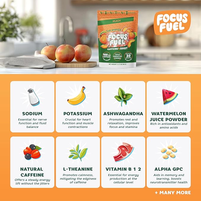 Energy Chews – Peach Flavor (15 Servings) – 100mg Caffeine + Alpha GPC+ L-Theanine + B12, Magnesium – Smooth Focus & Energy – No Crash or Jitters