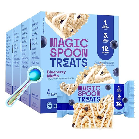 MAGIC SPOON Treats - High Protein, Low Carb, Keto Friendly, Low Sugar, Gluten Free, Crispy Protein Bar Cereal Bar, On-The-Go Healthy Snack (Blueberry Muffin, 16 Bars)