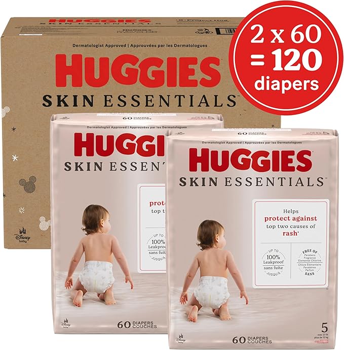 Huggies Size 5 Diapers, Skin Essentials Baby Diapers, Size 5 (27+ lbs), 120 Count (2 Packs of 60)