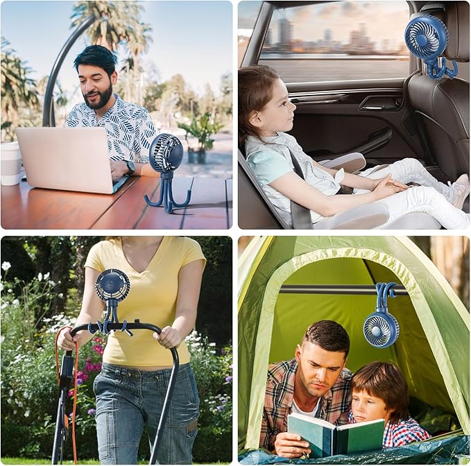 HandFan 4000mAh Battery Operated Stroller Fan Flexible Tripod Clip on Fan with 4 Speeds and Rotatable Max 31Hrs Handheld Personal Fans for Crib Car Seat Bike Treadmill (Blue)