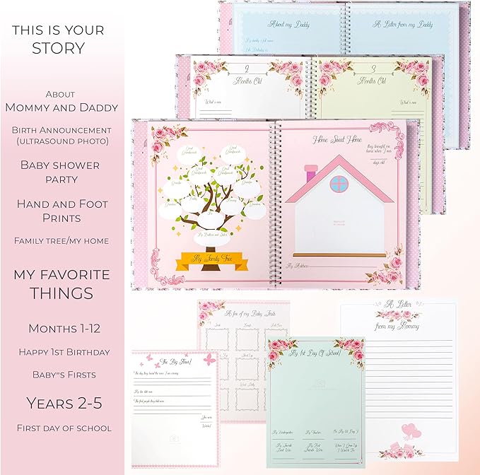 Baby Book Keepsake - Baby Memory Book and Album for Girl, Journal from Pregnancy to First 5 Years, Scrapbook to Record Memories, Milestones and Photos, Baby Book - Pink