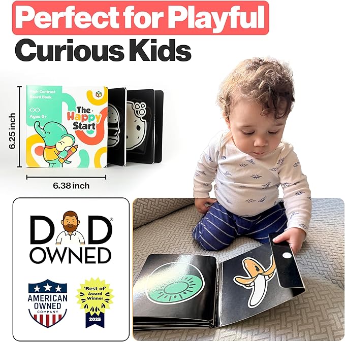 Happy Start Award-Winning High Contrast Board Book - Newborn Black & White Baby Cards, Easy to Clean, Hospital Approved, Stands on Its Own, Tummy Time Toy, Ages 0+ (English - Pack of 3)