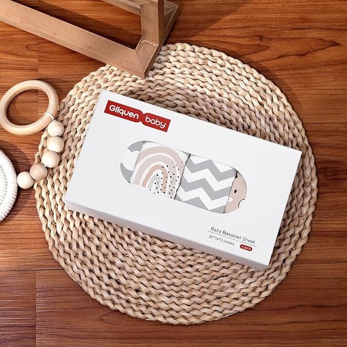 Gllquen Baby Bassinet Sheets 4 Pack, Breathable Cozy Fitted Mattress Sheet, Elastic Travel Crib Fashionable Pattern, Standard Cradle Safe Sheets for Baby Boys Girls 32"x16"(Rainbow)