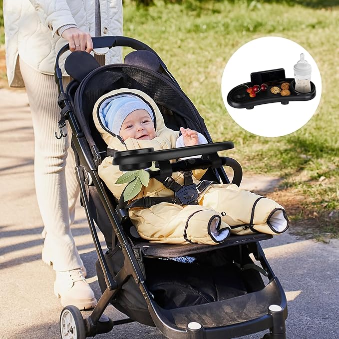 Stroller Snack Tray,Adjustable Snack Tray for Stroller with Cup Holder and Phone Holder,Enlarged Thickened Accessories, Non-slip Handle Clip Suitable for Round Tube Flat Tube Handrails