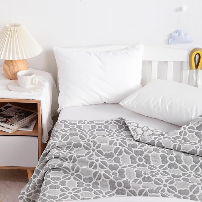 NTBAY 3 Layer Oversized Muslin Cotton Toddler Blanket, 45x60 Inches Jacquard Reversible Nursery Bed Blanket, Super Soft and Thermal Crib Blanket for All Seasons, Baby Gift, 45"x60", Grey Clover