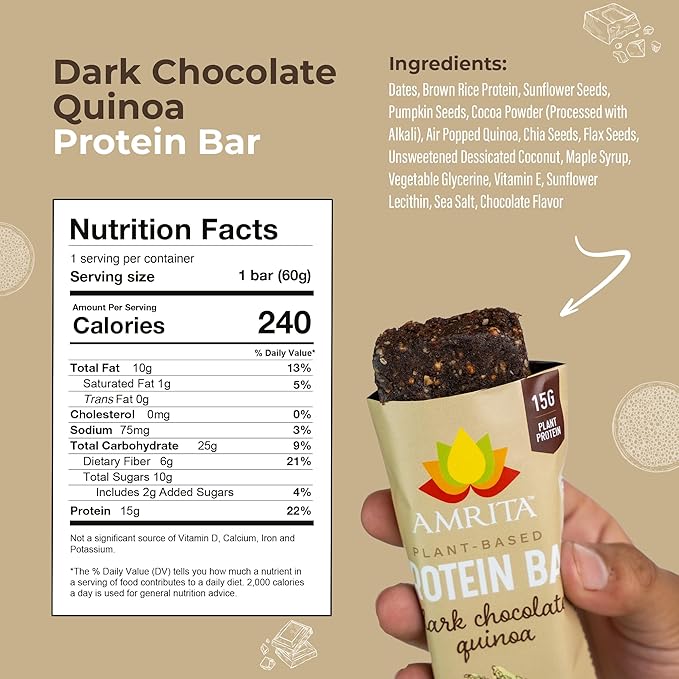 Amrita Nut Free Vegan Protein Bars (12 CT PK of 3) | Dark Chocolate Quinoa 15g Plant-Based Protein Bar | Peanut-Free, Gluten Free, and Dairy-Free | No Added Sugar, Healthy Snacks for Kids/Adults