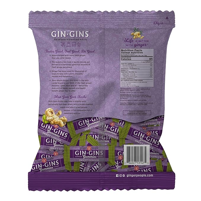 GIN GINS Sweet Ginger Gummies – Natural Fresh Ginger Candy by The Ginger People – Sweet Ginger Gummies Flavor – Large 1 lb Bag (16oz) – Pack of 1