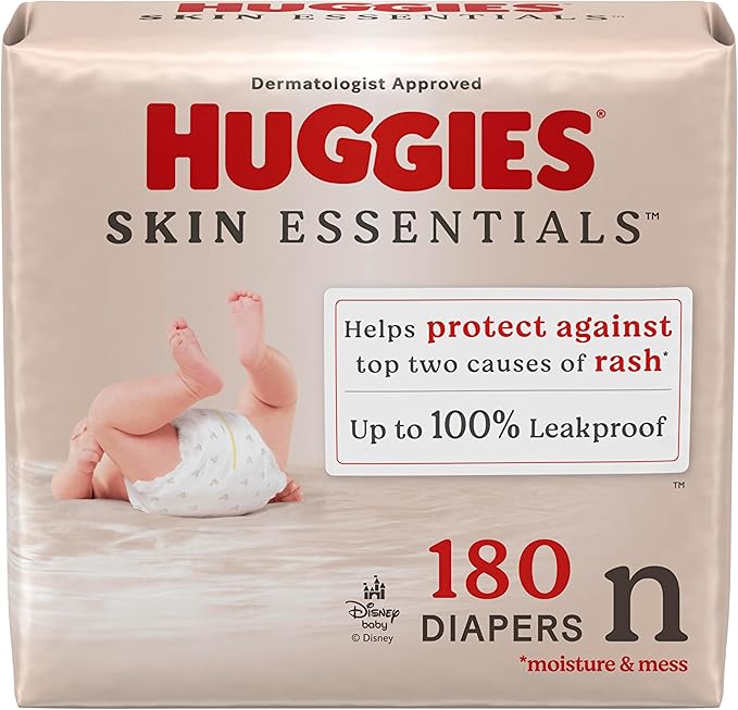 Huggies Size Newborn Diapers, Skin Essentials Baby Diapers, Size Newborn (6-9 lbs), 180 Count (3 Packs of 60), Packaging May Vary