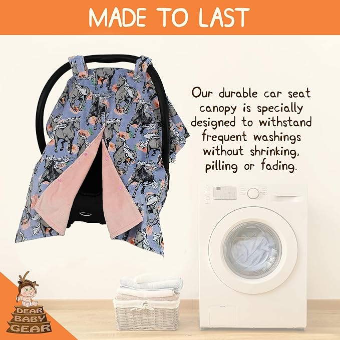 Dear Baby Gear Car Seat Cover for Boys & Girls - Baby Carseat Canopy w/Snap Opening - Infant Seat Cover - Stroller & Nursing Covers - Newborn Carrier Canopy - 40x30(Gray Horses Lavender Pink Floral)