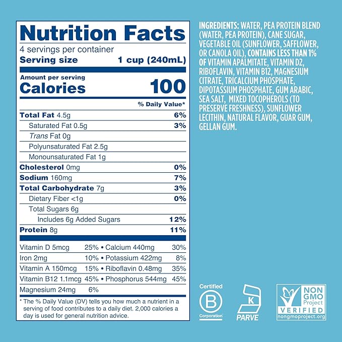 Ripple Original Plant Based Milk | 8g of Quality Sourced Pea Protein, Calcium Rich | Shelf Stable | Vegan & Non GMO Certified | Dairy, Soy, Nut, Gluten, & Lactose Free | 32 Fl Oz Cartons (Pack of 6)