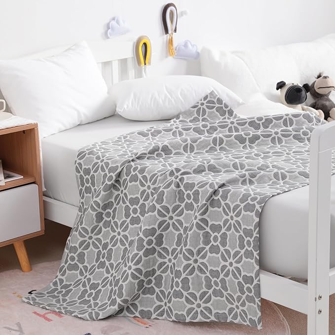 NTBAY 3 Layer Oversized Muslin Cotton Toddler Blanket, 45x60 Inches Jacquard Reversible Nursery Bed Blanket, Super Soft and Thermal Crib Blanket for All Seasons, Baby Gift, 45"x60", Grey Clover
