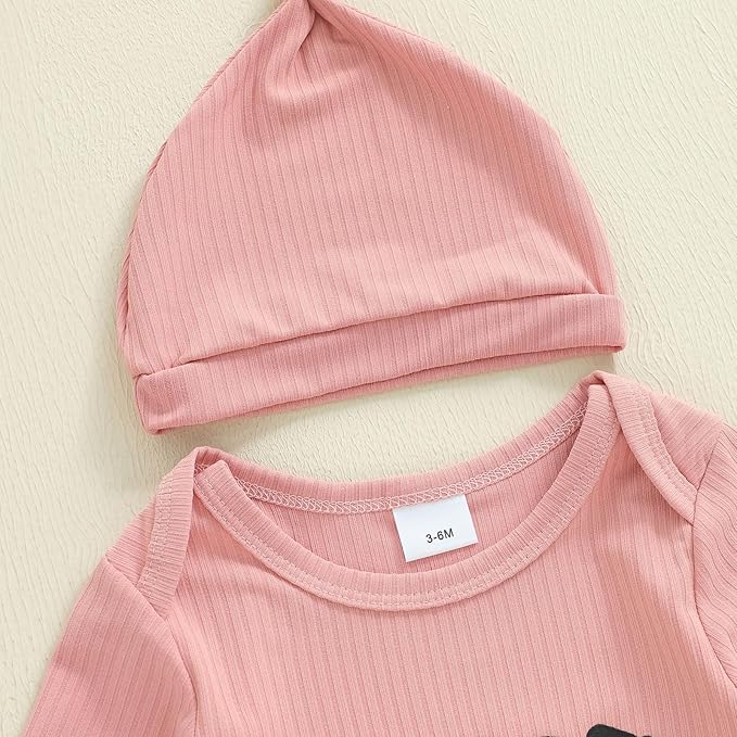 WZTYYDS Newborn Baby Girl Clothes Ribbed Romper Print Long Sleeve Jumpsuits Bow Headband Set Infant One-piece Outfits