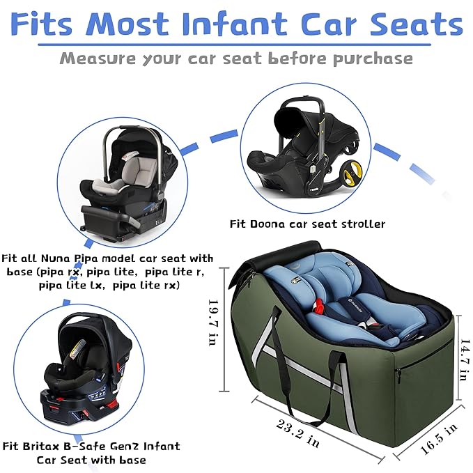 Infant Car Seat Travel Bag for Airplane Compatible with All Nuna Pipa Car Seat and Base,Chicco KeyFit 30 and Base, Padded Car Seat Bags for Air Travel,Car Seat Gate Check Bag with Side Pocket, Green