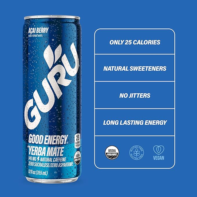 GURU Yerba Mate Organic Energy Drinks, Clean Energy Drink with Plant Based Natural Caffeine from Green Tea, Low Calorie, Gluten Free, 140mg Caffeine, Healthy Drinks, Acai Berry, 12oz (Pack of 12)