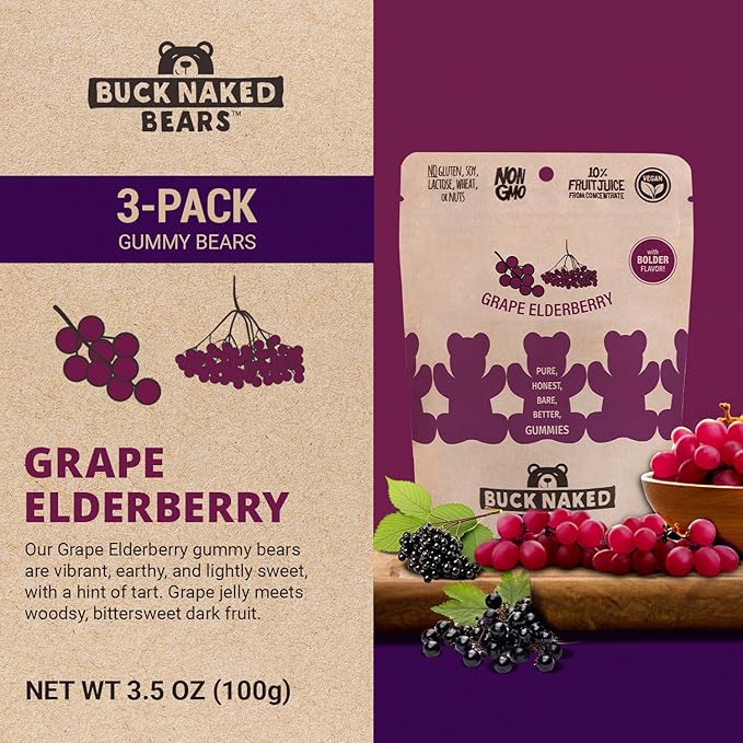 Buck Naked Bears - Grape Elderberry Gummy Bears - Soft, Smooth, and Sweeter Like a Fruit Snack - Plant-Based Gummies Good Snack Choice - Non-GMO - Clean Label Gummy Candy, Vegan - 3.5oz 3-Pack