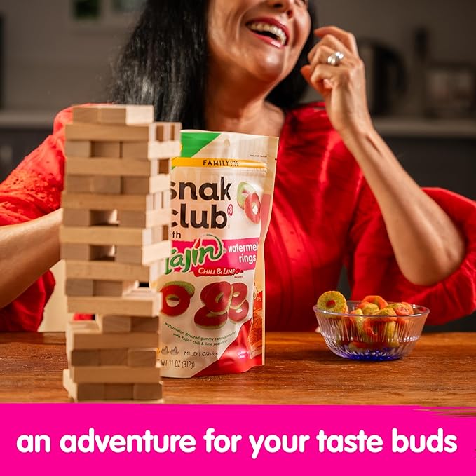 Snak Club Watermelon Rings, Tajin Chili & Lime Seasoned, Sweet and Spicy Gummy Candy, Mild in Heat Bold in Flavor, Low-Fat, Vegan, Gluten-Free Snack, Family Size, 11 Ounce
