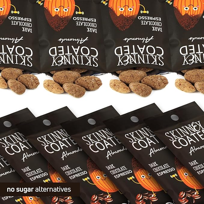 Skinny Coated Dark Chocolate Espresso Snacks, Chocolate Flavored Almonds Healthy in Bulk - Skinny Almonds, Kosher, Gluten Free Sweet Snacks for Adults, 1.2Oz p/Bag, 6 Pack