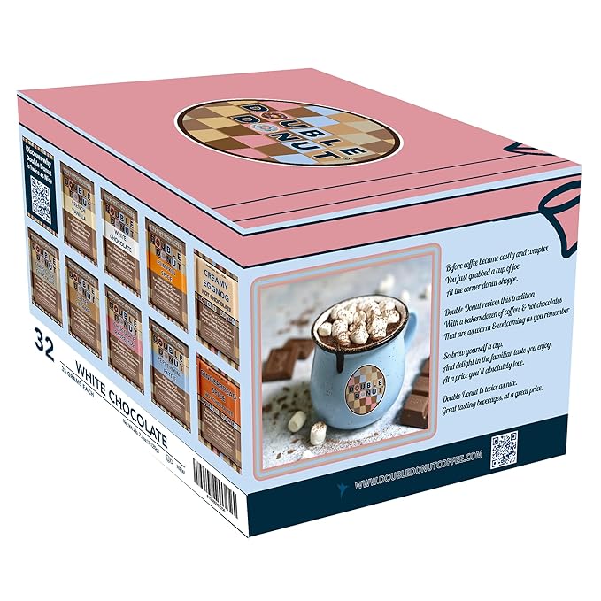 Double Donut White Hot Chocolate Mix Packets, Flavored White Hot Cocoa Mix Packets, 128 Count