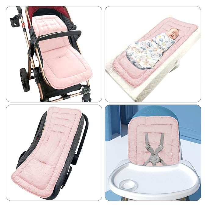 Baby Stroller Cushion, Infant Car Seat Insert-Universal Breathable and Soft Newborn Stroller Mat-100% Cotton Cover Toddler Seat Pad Liner for Stroller, 34x78cm,1 Pack（Grey+Pink）