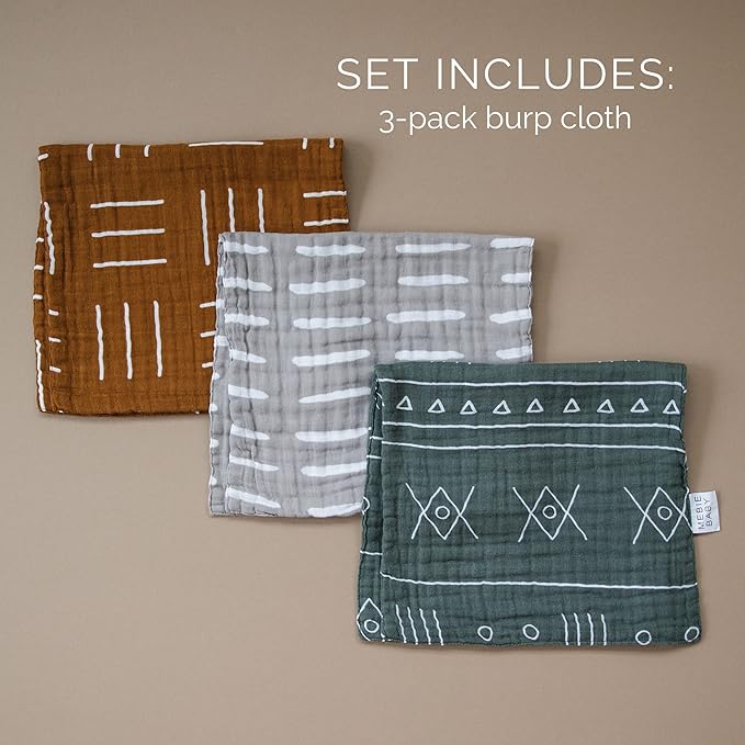 Mebie Baby Burp Cloths, Printed 3-Pack, Muslin Burp Cloth Set for Spit Up, Drool, and More, Boho Burp Cloths for Baby Boy and Girl, Baby Must Haves for Registry Lists and Gifts for Newborns