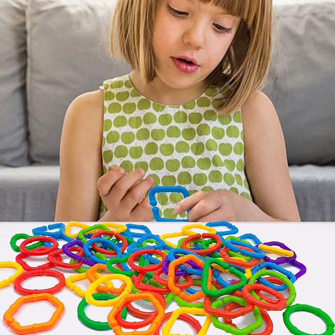 RAINBOW TOYFROG Baby Links Rings - 35 Geometric Linking Chains for Infants & Toddlers - Safe Teething and Sensory Development Toys - Car Seat & Stroller Accessories