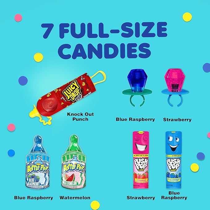 Assorted Candy Variety Pack 7 Count Lollipops - Ring Pop, Push Pop, Baby Bottle Pop & Juicy Drop - Ideal for Kids Party Favors, Party Favor Bags by Bazooka Brands