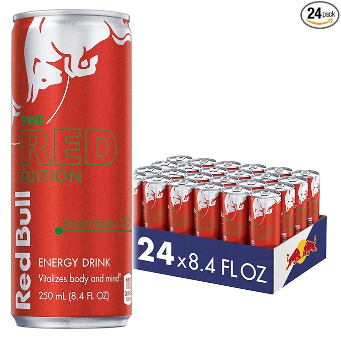 Red Bull Red Edition Energy Drink, Watermelon, with 80mg Caffeine plus Taurine & B Vitamins, 8.4 Fl Oz, Pack of 24 Cans