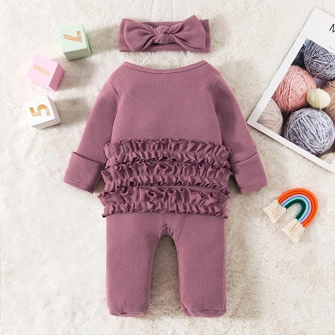 Fanvereka Newborn Infant Baby Girl Fall Outfit Romper 3 6 12 Months Girls Long Sleeve Full Length Zipper Footie Headband
