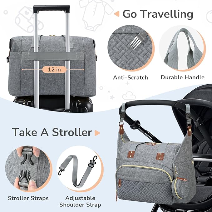 Diaper Bag Tote, Baby Bag Travel Diaper Tote Bag with Pacifier Case, Cute Maternity Hospital Baby Stylish Diaper Tote for Mom Dad Grey