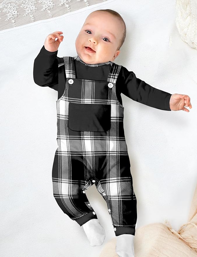 Baby Boy Clothes Long Sleeve Animal Plaid Romper + Overalls Infant Boy Clothes 2PCS Fall Winter Outfits