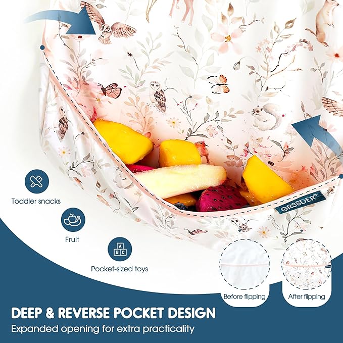 GRSSDER 3-pack Mess Proof Baby Feeding Bibs with Food Catcher Pocket, Soft Lightweight Waterproof Fabric Material with Zero Plastic-like Feel, Adjustable and Easy Clean Toddler Bibs for 6-36 Months