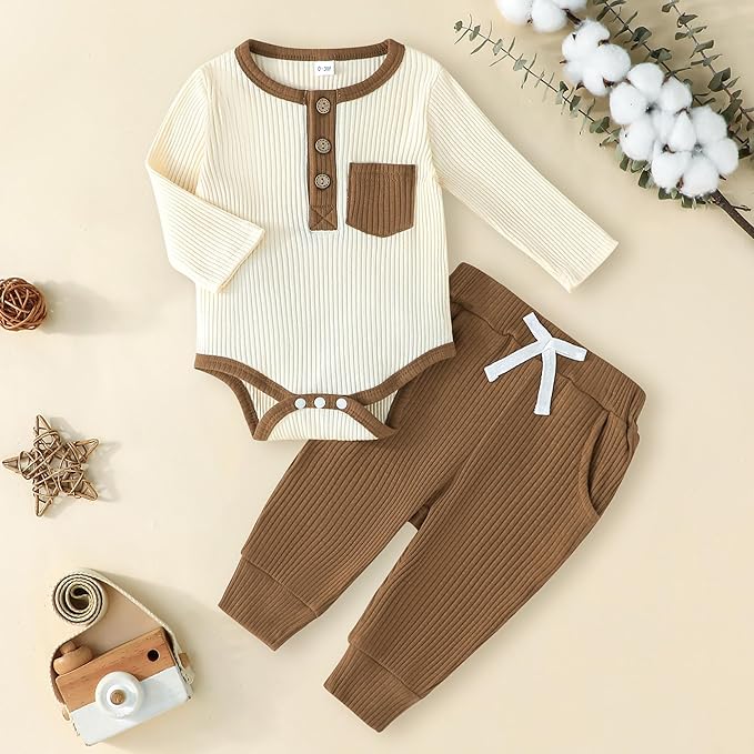 Newborn Baby Boy Girl Clothes Ribbed Knit Cotton Long Sleeve Romper Long Pant Preemie Solid Color Unisex Outfits